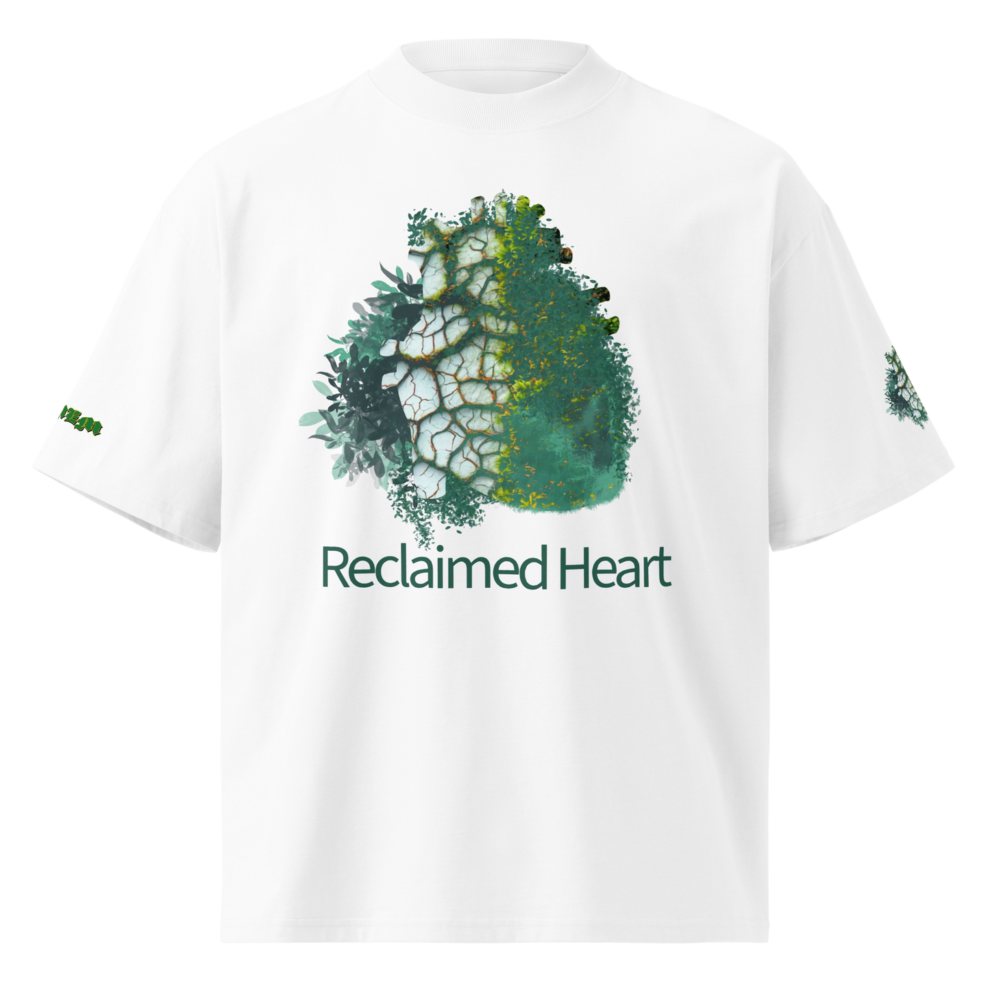 White t-shirt with a green and white design and 'Reclaimed Heart' text on a white background
